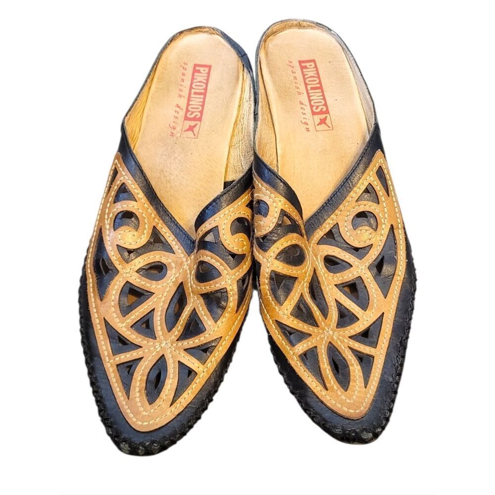 PIKOLINOS Black & Tan Leather Cutout Slip-On Mules Size 38 / US 7.5